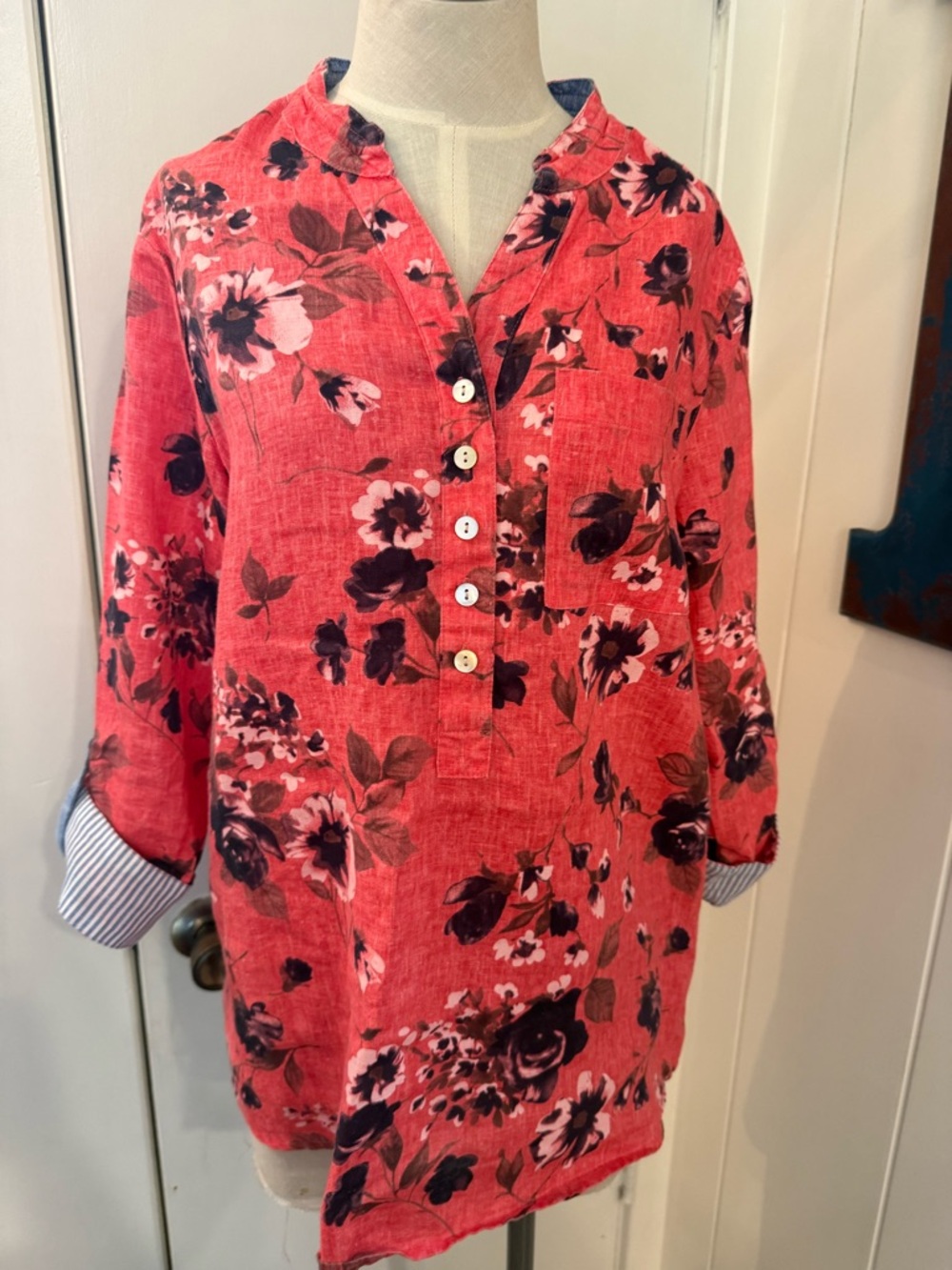 John Mark Coral Floral Button-Front Tunic 100% Linen Sz S